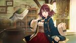  :o ahoge atelier_(series) atelier_sophie book brown_eyes brown_hair cauldron coat collared_coat corset cowboy_shot cross-laced_clothes dress floating floating_book floating_object game_cg head_scarf long_coat long_sleeves noco_(adamas) official_art red_dress red_skirt short_hair skirt solo sophie_neuenmuller surprised underbust wide_sleeves 