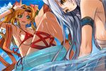  bikini blonde_hair blue_eyes breasts brown_eyes eyewear_on_head granblue_fantasy large_breasts long_hair looking_at_viewer multiple_girls pupps red_bikini shawl side-tie_bikini sideboob silva_(granblue_fantasy) silver_hair sunglasses swimsuit thighs underboob water zeta_(granblue_fantasy) 