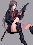  ass boots brown_eyes brown_hair grey_background hair_ornament hairpin katana knee_boots long_hair mechanical_arm original school_uniform serafuku sheath sheathed simple_background solo sword tomono_rui upskirt weapon 