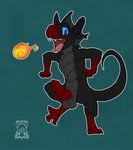  2015 balls barefoot crest digital_media_(artwork) digitigrade erection fire fire_breathing knot kobold korichi looking_at_viewer male nude open_mouth penis scalie sheath signature smile solo strutting unusual_penis 