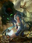  1girl 2015 angel angel_wings armor blue_eyes blue_hair breasts cleavage company_name copyright_name crowgod highres legend_of_the_cryptids official_art wings 