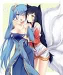  ;o ? ahri animal_ears bangs bare_shoulders black_hair blue_eyes blue_hair blush braid breast_awe breast_grab breasts cleavage detached_sleeves dress facial_mark flying_sweatdrops fox_ears fox_tail from_side grabbing grabbing_from_behind groping hair_between_eyes large_breasts league_of_legends long_hair looking_at_another multiple_girls multiple_tails mylovelydevil one_eye_closed open_mouth parted_lips sidelocks simple_background slit_pupils sona_buvelle speech_bubble spoken_question_mark standing tail taut_clothes twintails very_long_hair whisker_markings wide_sleeves wince yellow_eyes yuri 