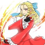  antenna_hair atsuki_(tomomo28) blonde_hair bow cravat fighting_stance fingerless_gloves forehead gloves hair_bow hair_pulled_back jacket kanzuki_karin lips long_hair nose red_eyes ringlets skirt smile solo street_fighter street_fighter_v 