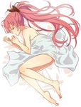  blanket hair_ribbon long_hair mahou_shoujo_madoka_magica nude ponytail red_hair ribbon sakura_kyouko sleeping solo very_long_hair yutsumoe 