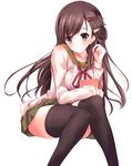  black_legwear blush brown_hair cardigan commentary_request folded_hair gakkou_gurashi! hair_ornament hairclip long_hair looking_at_viewer mole mole_under_eye rikudou_inuhiko school_uniform sitting smile solo thighhighs wakasa_yuuri zettai_ryouiki 