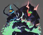  3boys artist_name character_name chin_rest claws grey_background helmet horned_helmet mad_burnish male_focus multiple_boys promare simple_background sitting valerie_garnace 