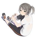  bangs full_body green_eyes knee_up looking_at_viewer looking_back looking_up mattaku_mousuke no_socks original pants parted_lips ponytail shirt shoes short_sleeves silver_hair simple_background sitting sneakers solo t-shirt track_pants tying_shoes white_background 
