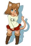  1girl animal_ears artist_request blue_eyes blush boots brown_boots brown_hair cat cat_ears cat_tail full_body fur furry hand_up looking_at_viewer miniskirt plaid plaid_skirt shadow shirt short_hair short_skirt skirt solo standing tail thigh_boots tongue tongue_out tounge 
