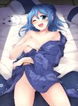  bad_id bad_pixiv_id blue_eyes blue_hair blush breasts collarbone commentary_request floral_print fox_mask fuuen_(akagaminanoka) highres japanese_clothes kantai_collection kimono large_breasts long_sleeves looking_at_viewer lying mask on_back one_eye_closed open_clothes open_kimono open_mouth pillow revision smile solo tatami thighs undressing urakaze_(kantai_collection) wet wide_sleeves yukata 