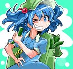  backpack bag blue_eyes blue_hair cucumber grin hair_bobbles hair_ornament hand_on_hip hat highres kawashiro_nitori key one_eye_closed shinapuu short_hair skirt smile solo touhou twintails two_side_up 