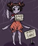  1girl anthro arachnid arthropod ass black_eyes black_sclera brown_hair butt clothing dress english_text extra_eyes fang fangs female grey_skin hair hair_bow monster_girl muffet multi_limb multiple_eyes purple_skin sign smile smuttybacon solo_focus spider spider_girl spider_web text twintails undertale waving 
