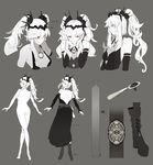  black_dress black_footwear blush boots character_sheet cross-laced_footwear dress kantai_collection lace-up_boots mashell_(siirakannu) monochrome multiple_views orange_eyes original platform_footwear ribbon shinkaisei-kan siirakannu sketch smile twintails white_hair white_skin 