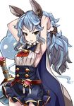  animal_ears armpits arms_up blue_hair brown_gloves brown_hair bunny_ears earrings erune ferry_(granblue_fantasy) gloves granblue_fantasy jewelry md5_mismatch parted_lips pupps simple_background solo white_background 