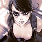  bangs black_eyes black_hair breasts chromatic_aberration cleavage facepaint from_above front-tie_top ilya_kuvshinov lips looking_at_viewer medium_breasts metal_gear_(series) metal_gear_solid_v monochrome parted_bangs parted_lips quiet_(metal_gear) solo suspenders swimsuit 