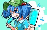  blue_eyes blue_hair food hair_bobbles hair_ornament hat kawashiro_nitori key popsicle shinapuu short_hair smile solo tongue tongue_out touhou twintails two_side_up 