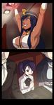  3girls alternate_hair_length alternate_hairstyle armlet arms_up blue_eyes blue_hair breasts brown_eyes choker cleavage cobra_(animal) commentary_request dark_skin egyptian eliza_(skullgirls) facial_hair flat_chest formal ganno hair_over_one_eye halterneck headdress highres large_breasts lipstick makeup multiple_girls mustache pantyhose purple_hair sideboob skullgirls smile smirk squigly_(skullgirls) stage_lights suit twintails uraeus younger 