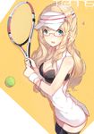  bad_id bad_pixiv_id ball blonde_hair blue_eyes bracelet breasts cleavage dress earrings glasses hadean92 highres jewelry large_breasts long_hair original racket revision solo tennis_ball tennis_racket thighhighs visor_cap wristband zettai_ryouiki 