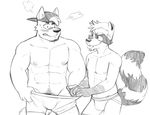  blush boxers_(clothing) canine carper_(vasuki) clothing duo embarrassed jockstrap male male/male mammal monochrome pants_pull pantsing raccoon simple_background teasing tre underwear underwear_down underwear_pull vasuki white_background wolf 