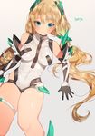  angela_balzac bad_id bad_pixiv_id bangs bare_shoulders blonde_hair blue_eyes blush breasts covered_navel elbow_gloves gloves headgear large_breasts leotard long_hair looking_at_viewer low_twintails rakuen_tsuihou solo sukja thigh_strap twintails very_long_hair 