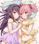  akemi_homura bangs bare_arms bare_shoulders black_hair breasts cleavage dress eye_contact hair_between_eyes hair_ribbon hairband holding_hands kaname_madoka long_hair looking_at_another mahou_shoujo_madoka_magica midriff multiple_girls navel nightgown pillow pink_eyes pom_pom_(clothes) purple_eyes ribbon sleeveless sleeveless_dress small_breasts smile source_request strap_slip twintails yuri yutsumoe 