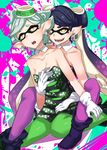  2girls aori_(splatoon) bare_shoulders breasts bug cleavage collarbone detached_collar domino_mask dress earrings firefly gloves green_legwear hat highres hotaru_(splatoon) hug hug_from_behind insect jewelry long_hair looking_at_viewer mask mole mole_under_eye multiple_girls open_mouth pantyhose pointy_ears purple_legwear short_hair sitting small_breasts smile splatoon_(series) splatoon_1 splatter strapless strapless_dress tentacle_hair wariza white_gloves yellow_eyes yumoteliuce yuri 