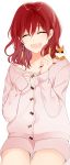  1girl :d akatsuki_no_yona aki_nattsu animal animal_on_shoulder collarbone cowboy_shot earrings eyes_closed highres jewelry long_hair long_sleeves open_mouth pajamas pink_cardigan pink_shorts red_hair short_shorts shorts simple_background smile solo white_background yona_(akatsuki_no_yona) 