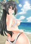  ashima_takumi bikini black_hair blush breasts headgear kantai_collection kantai_collection_(anime) large_breasts long_hair looking_back nagato_(kantai_collection) nipples solo swimsuit 