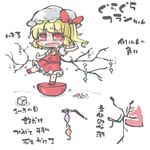  balancing blonde_hair blush commentary_request flandre_scarlet kureha_mitsushige open_mouth red_eyes short_hair solo touhou translation_request 