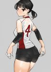  1girl adjusting_clothes adjusting_shorts ass bandage bandaged_fingers bandages bike_shorts black_hair breasts cowboy_shot elbow_sleeve from_side grey_background highres looking_at_viewer original pantylines red_eyes shirt short_hair short_ponytail shorts simple_background skindentation sleeveless sleeveless_shirt small_breasts solo sportswear sweat thighs volleyball_uniform yomu_(sgt_epper) 