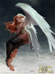  1girl 2015 angel angel_wings breasts brown_eyes cleavage company_name copyright_name crowgod feet highres legend_of_the_cryptids official_art red_hair soles solo wings 