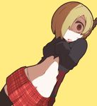  belly black_legwear black_shirt blonde_hair blood bloody_clothes ear_piercing hair_over_one_eye highres idolmaster idolmaster_cinderella_girls looking_at_viewer midriff navel nns_(sobchan) noose open_mouth piercing plaid plaid_skirt saliva shirasaka_koume shirt short_hair simple_background skirt solo sweatdrop thighhighs yellow_background zettai_ryouiki 