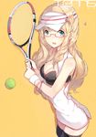  bad_id bad_pixiv_id ball bare_arms blonde_hair blue_eyes breasts cleavage cleavage_cutout glasses hadean92 hat highres long_hair medium_breasts open_mouth original racket solo tennis_ball tennis_racket thighhighs wristband 