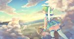  angel_wings cloud flying green_eyes green_hair original sakakidani school_uniform serafuku short_hair sky solo wings 