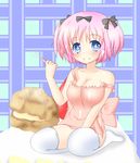  1girl blue_eyes blush bow breasts cleavage commentary_request cream_puff food fruit hair_bow hibari_(senran_kagura) highres large_breasts looking_at_viewer nya_on pink_hair seiza senran_kagura senran_kagura_shoujo-tachi_no_shin'ei short_hair short_twintails sitting smile solo strap_slip strawberry symbol-shaped_pupils thighhighs twintails whipped_cream white_legwear 