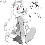  anthro big_breasts bikini breasts canine cleavage clothed clothing female hair hand_on_head japanese_text looking_at_viewer looking_back mammal red_eyes simple_background sitting swimsuit text white_background white_hair yus-ts 