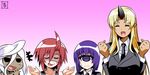  :d ahoge black_sclera blonde_hair closed_eyes cyclops dark_skin doppel_(monster_musume) doppelganger formal horn long_hair manako monster_musume_no_iru_nichijou multiple_girls necktie nude one-eyed oni open_mouth purple_eyes purple_hair red_hair s-now signature smile stitches suit sweatdrop tionishia zombie zombina 