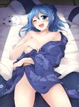  bad_id bad_pixiv_id blue_eyes blue_hair blush breasts collarbone commentary_request floral_print fox_mask fuuen_(akagaminanoka) highres japanese_clothes kantai_collection kimono large_breasts long_sleeves looking_at_viewer lying mask on_back one_eye_closed open_clothes open_kimono open_mouth pillow smile solo tatami thighs undressing urakaze_(kantai_collection) wet wide_sleeves yukata 