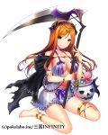  1girl anklet armlet barefoot black_cape bow bracelet breasts brown_hair cape cleavage floating_hair frilled_shorts frills fuji_minako green_eyes grey_shorts halloween halloween_costume holding holding_scythe jewelry long_hair looking_at_viewer medium_breasts purple_bow sangoku_infinity scythe shiny shiny_hair short_shorts shorts simple_background sitting sleeves solo very_long_hair wariza white_background 