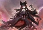  bare_shoulders black_bow black_hair bow breasts choker claws glowing glowing_eyes gothic_lolita hair_bow kantai_collection kirigaku_luo large_breasts lolita_fashion long_hair looking_at_viewer pink_background red_eyes seaplane_tender_hime serious shinkaisei-kan solo very_long_hair 