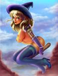  artist_request blonde_hair blue_eyes boots breasts flying gloves league_of_legends legs lipstick long_hair luxanna_crownguard makeup naughty_face nipples sitting sky smile witch witch_hat 