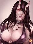  battleship_hime black_dress black_hair breasts choker cleavage dress hair_over_one_eye horns kachima kantai_collection large_breasts long_hair patreon_logo red_eyes shinkaisei-kan solo watermark 