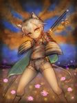  absurdres animal_ears armor cape cat_ears cat_tail flower girlsay green_eyes highres hotarumaru japanese_armor kemonomimi_mode male_focus no_hat no_headwear ootachi shorts shoulder_armor silver_hair sleeves_past_wrists sode solo sword tail touken_ranbu weapon 