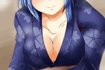  blue_hair breasts cleavage close-up commentary_request downblouse floral_print japanese_clothes kantai_collection kimono large_breasts nishi_koutarou smile solo upper_body urakaze_(kantai_collection) yukata 
