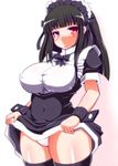  beatmania beatmania_iidx black_hair black_legwear blush breasts covered_navel highres hinazuki_ririna ini_(mocomocccos) large_breasts long_hair looking_at_viewer maid maid_headdress parted_lips pink_eyes skirt skirt_lift solo thighhighs thighs underbust 