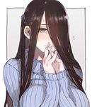  brown_hair c.cu hair_over_one_eye long_hair ribbed_sweater solo sweater 