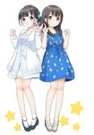  black_hair blue_dress blue_eyes braid brown_eyes cardigan casual clenched_hand dress index_finger_raised jewelry koa multiple_girls necklace open_cardigan open_clothes real_life sakura_ayane sandals seiyuu shoes side-by-side smile socks star striped striped_dress uchida_maaya white_legwear 