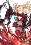  armor belt bikini_armor black_gloves blonde_hair blue_eyes braid breasts cleavage cleavage_cutout duoyuanjun fire gloves granblue_fantasy grin hair_intakes hairband highres holding holding_weapon large_breasts long_hair navel polearm red_armor red_legwear simple_background smile solo spear thighhighs twin_braids twintails weapon white_background zeta_(granblue_fantasy) 