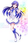  beamed_eighth_notes beamed_sixteenth_notes blue_hair character_name eighth_note happy_birthday heart highres idolmaster idolmaster_(classic) kisaragi_chihaya long_hair looking_at_viewer microphone musical_note open_mouth outsider_0 quarter_note solo treble_clef 