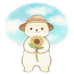  animal ayu_(mog) bad_id bad_pixiv_id bear black_eyes blue_sky blush clothed_animal cloud flower hat looking_at_viewer no_humans original sky solo standing sunflower white_background 