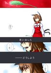  animal_ears bow brown_hair cat_ears cat_tail cat_teaser chen comic dress ear_piercing face jewelry juliet_sleeves long_sleeves multiple_tails nekomata no_hat no_headwear open_mouth piercing puffy_sleeves red_dress red_eyes shirt single_earring solo tail touhou translated ura_(05131) 